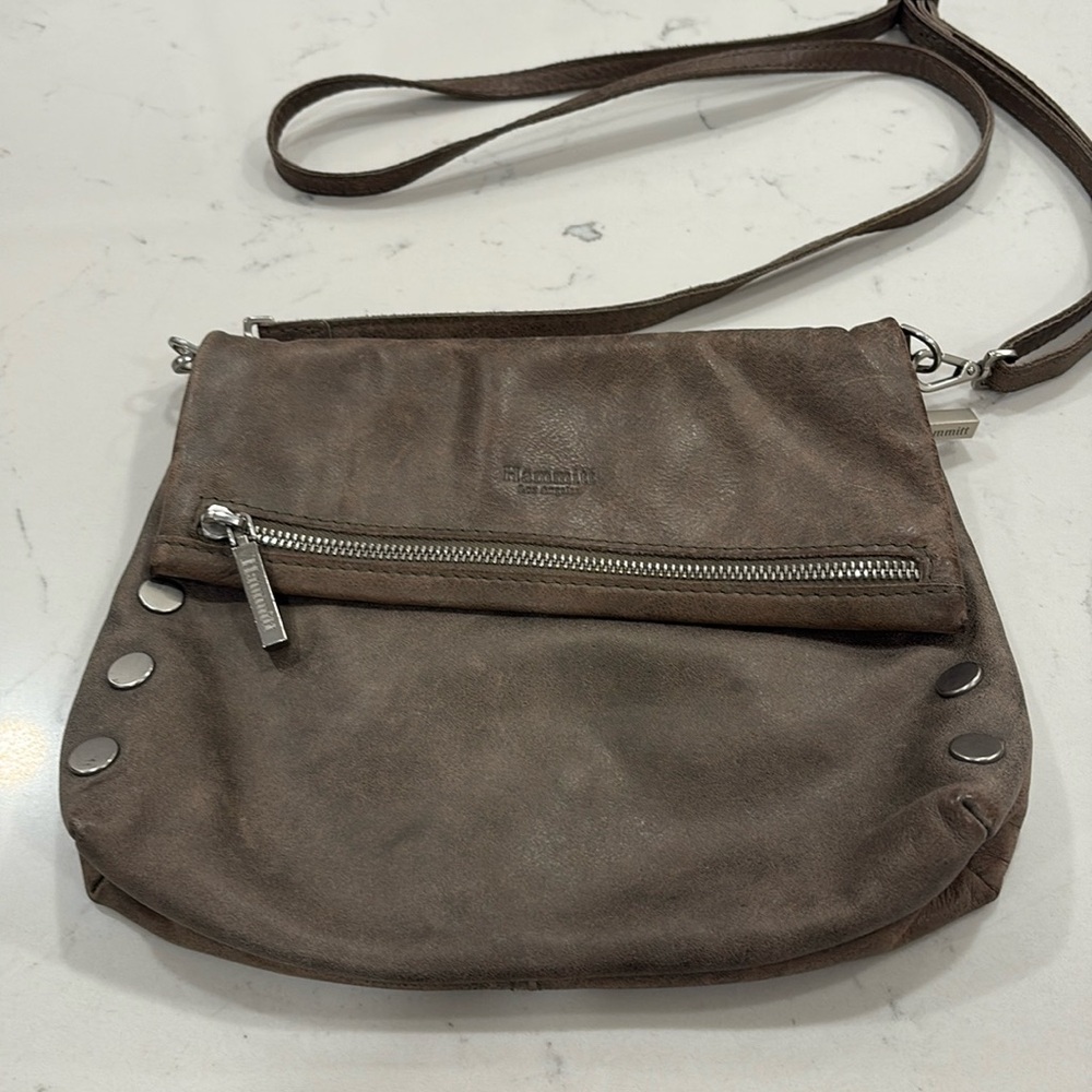 Hammitt VIP Medium Leather Crossbody Clutch Pewter Brushed Silver Bag Purse.